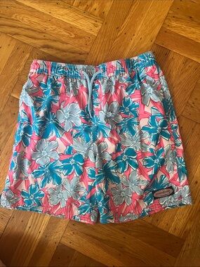 Vineyard Vines Pink, Teal & Gray Floral Swim Shorts Boys Size Large